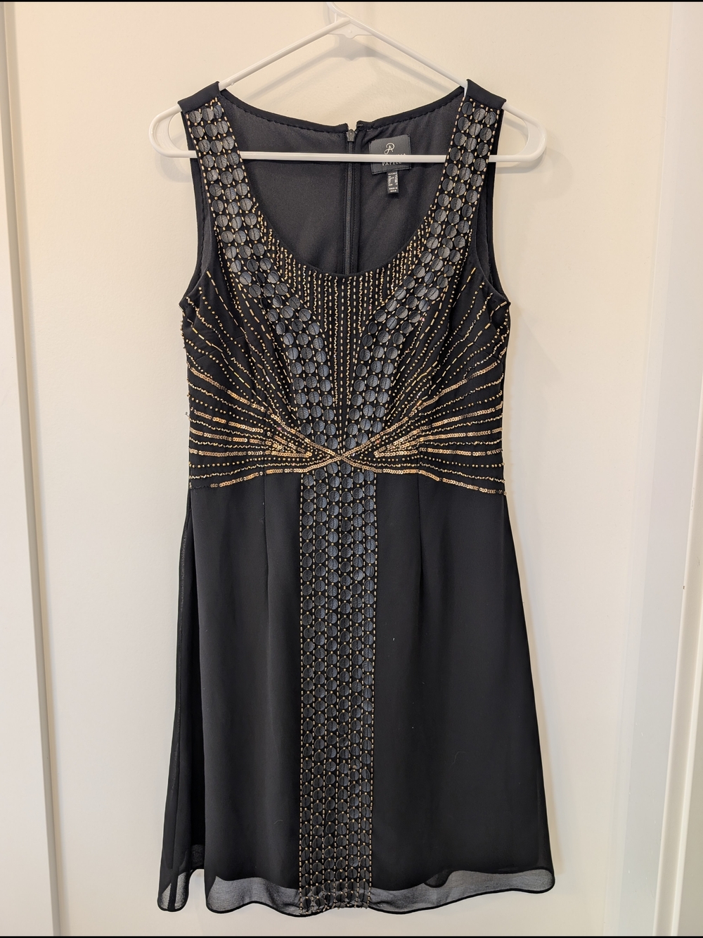 Adrianna Papell Black Dress with Gold Sequin Beading